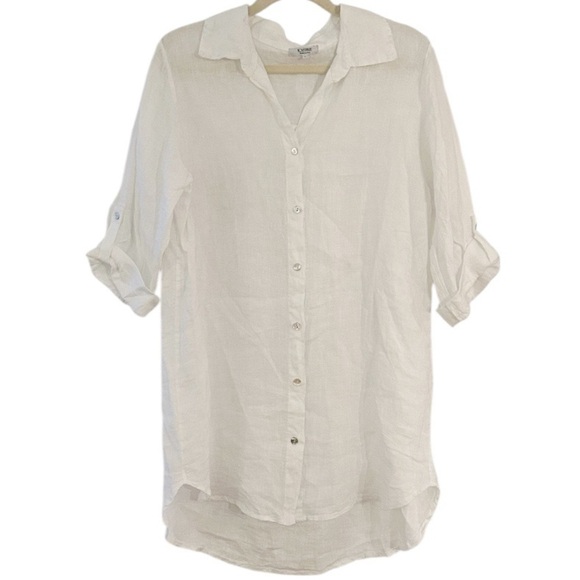 Rosemarine Italy White 100% Linen Button Front Tunic Top Size Large Tab Sleeves - Picture 2 of 9